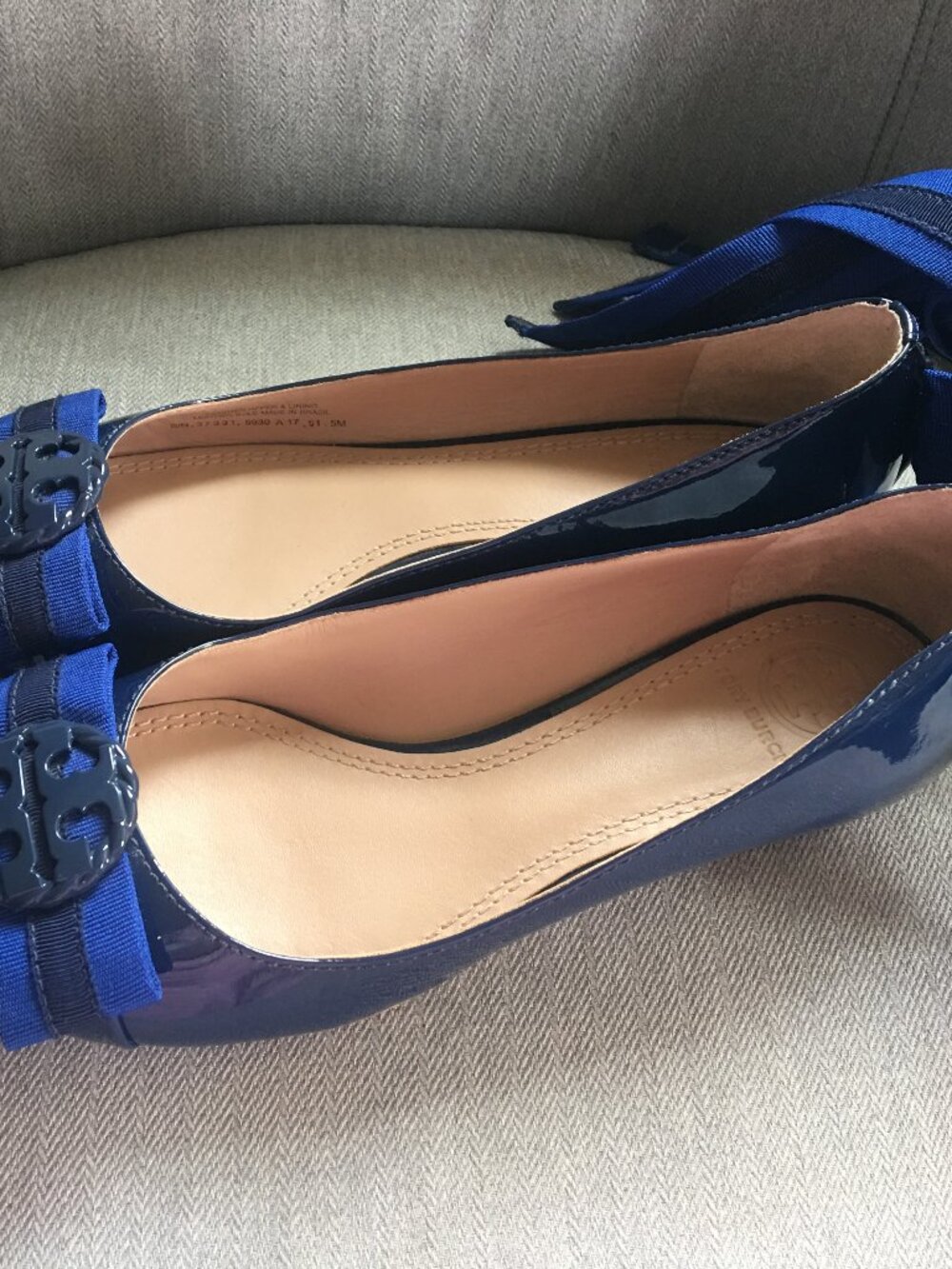 Tory Burch Navy Patent Leather Ballet Flats with Ribbon Trim